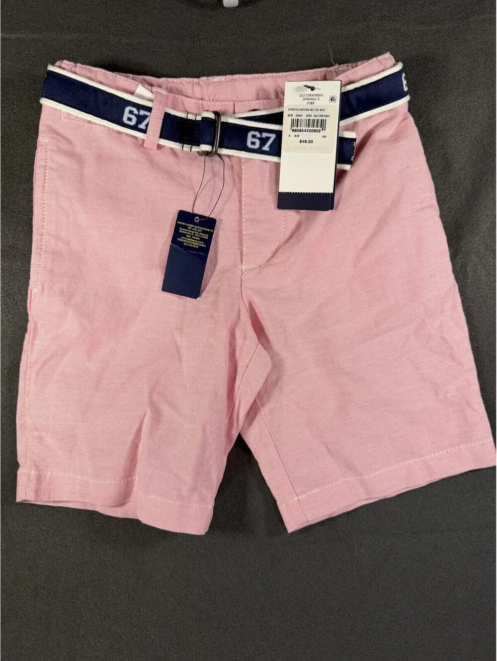 NWT Polo Ralph Lauren Boys Stretch Oxford Belted Shorts Size 5 Pink Navy Belt 67